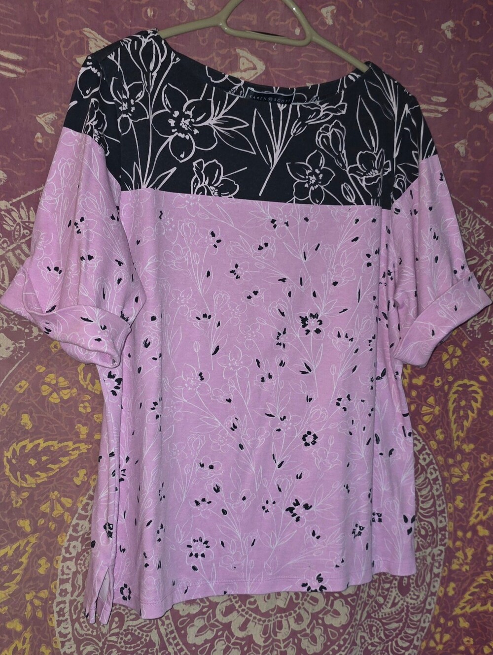 Womens Karen Scott Floral Print Top 1x/ Black Pink White